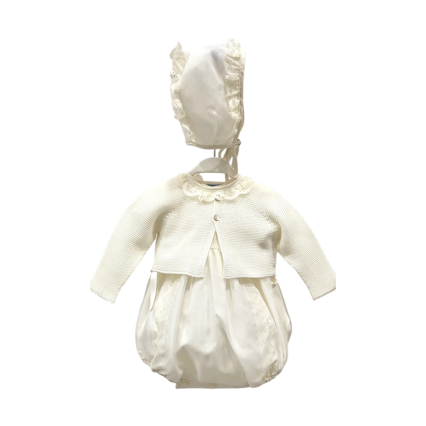 Pelele de bautizo con capota en tejido organza `Modelo Nácar´