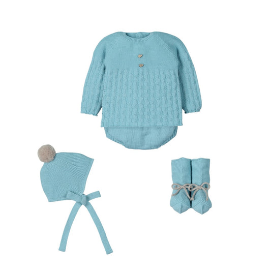 Conjunto de 4 piezas jubón, culotte, capota y patucos altos "Mecer"