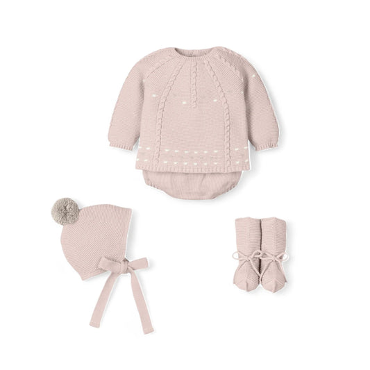 Conjunto de 4 piezas jubón, culotte, capota y patucos altos "Amar"