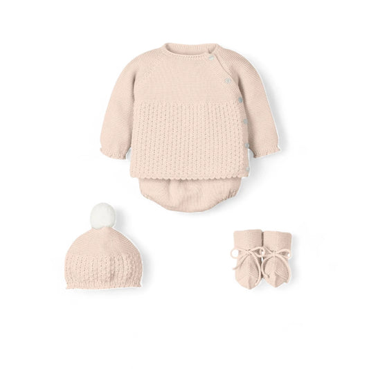Conjunto de 4 piezas jubón, culotte, capota y patucos altos "Enternecer"