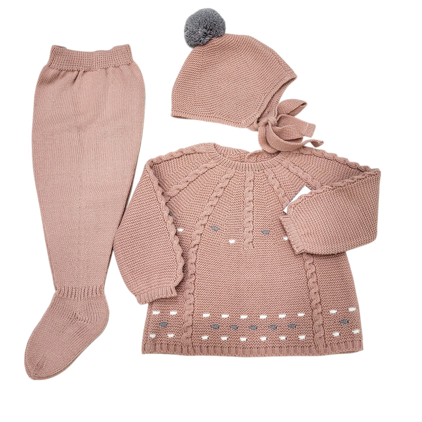 Conjunto 3 pzas jubón, polaina y capota "Amar"