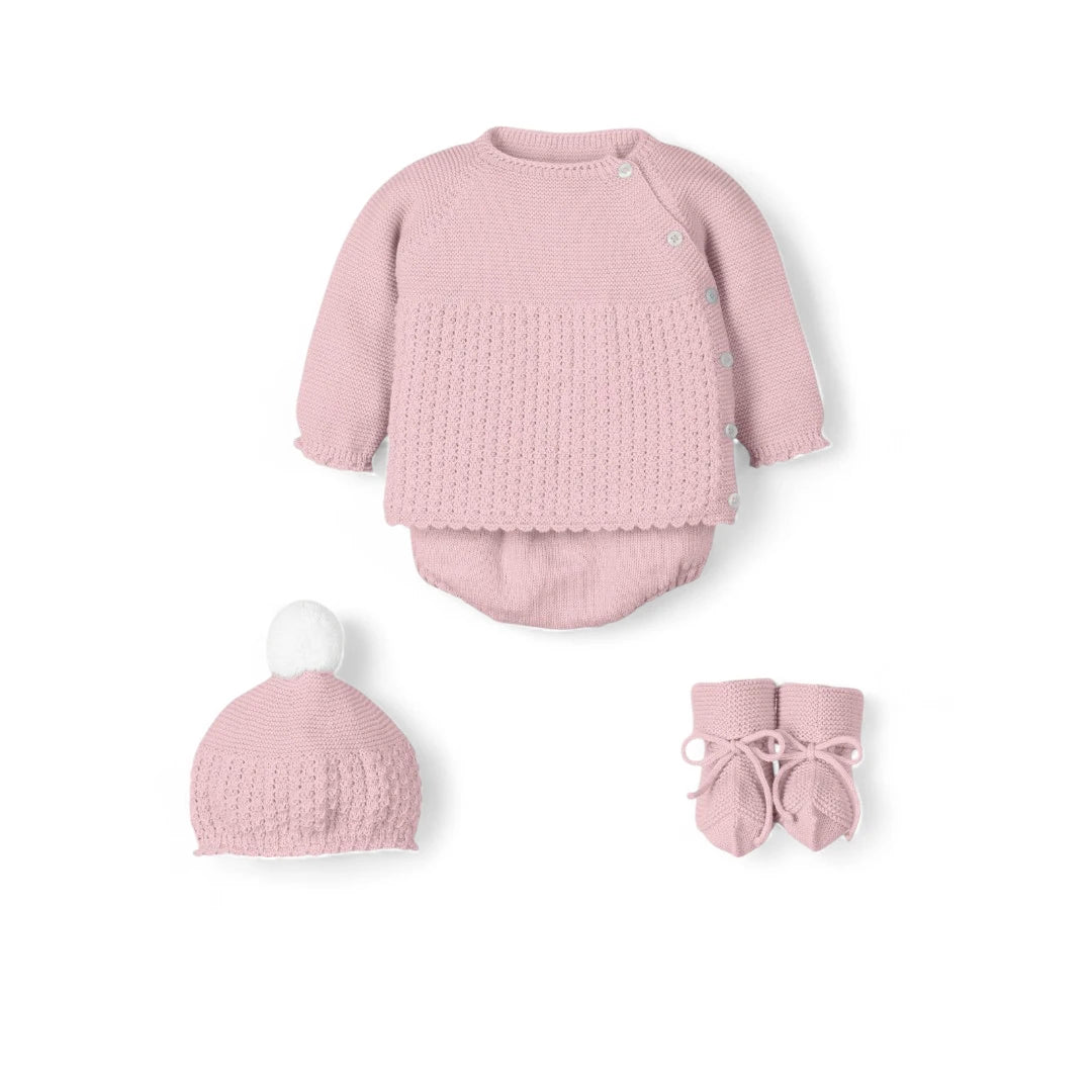 Conjunto de 4 piezas jubón, culotte, capota y patucos altos "Enternecer"