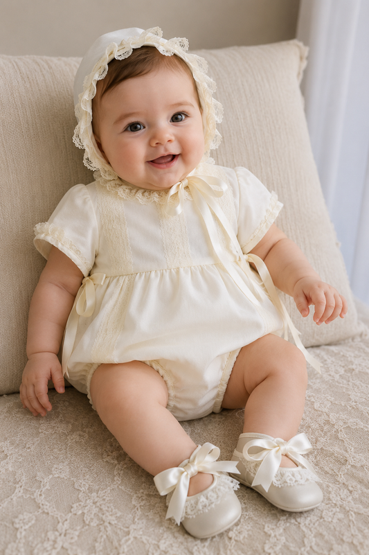 Pelele de bautizo con capota en tejido organza `Modelo Nácar´